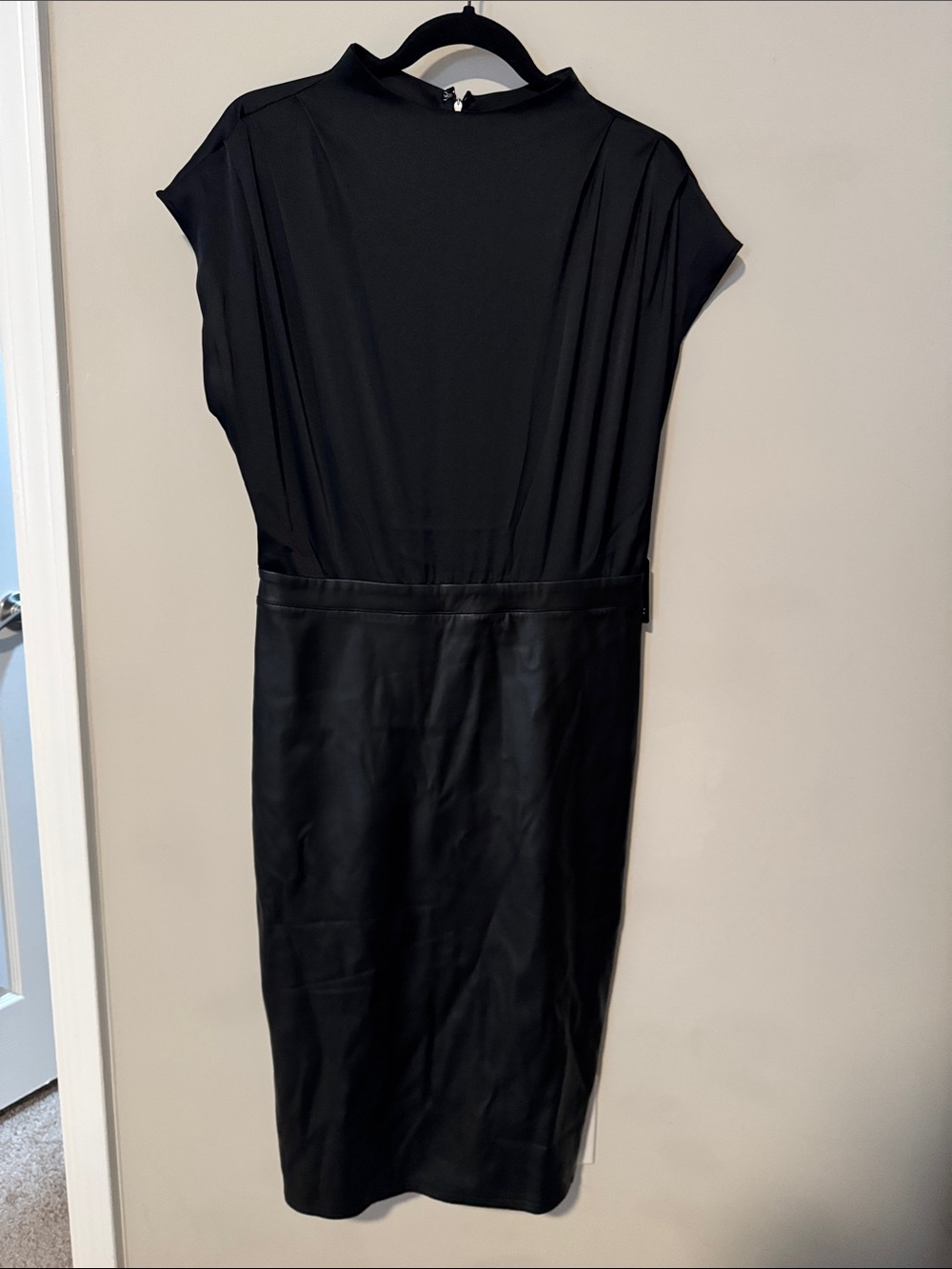 Express Black Cap-Sleeve Midi Dress with Faux Leather Skirt - Picture 1 of 5